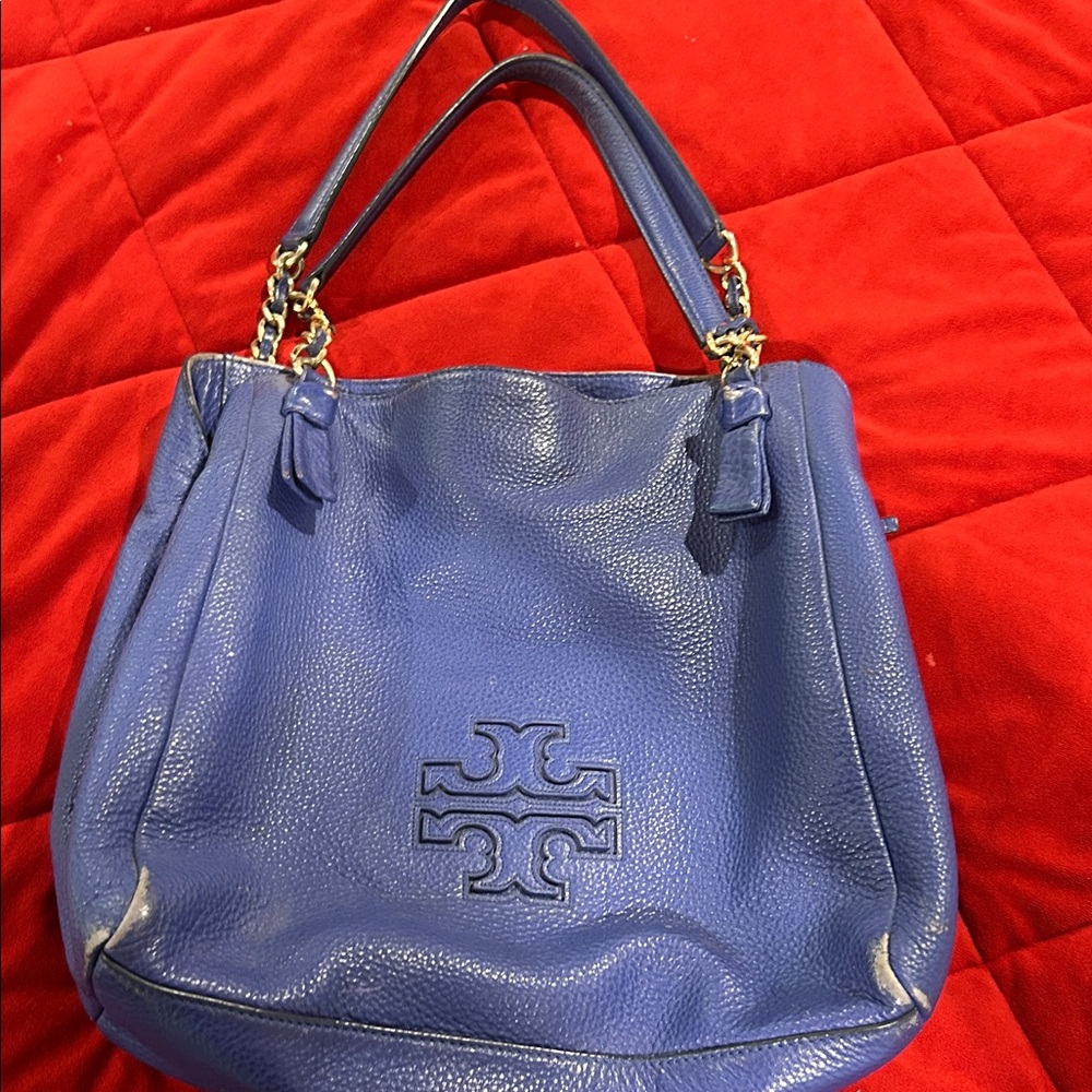 Tory Burch Royal Blue Pebbled Leather Shoulder Bag with Logo